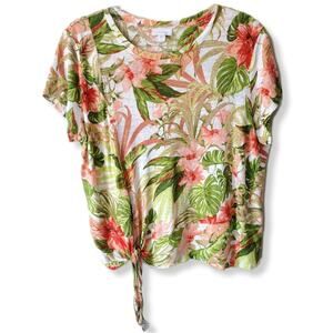 Women Floral Knit Linen Cropped Top L Tie Boho Natural Tropical Colorful Beachy